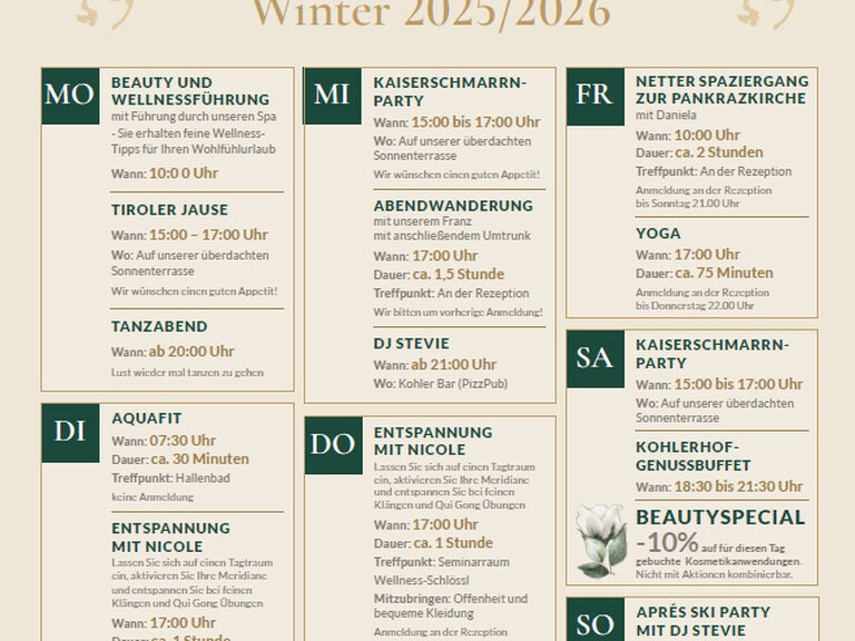 Angebot an Aktivitäten im Winter