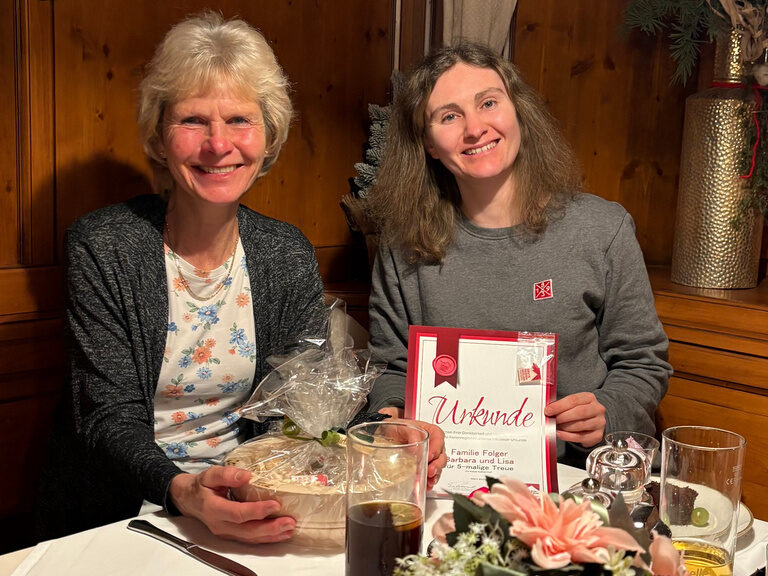 zwei Frauen sitzen am Tisch und posieren mit Urkunde anlässlich Gästeehrung